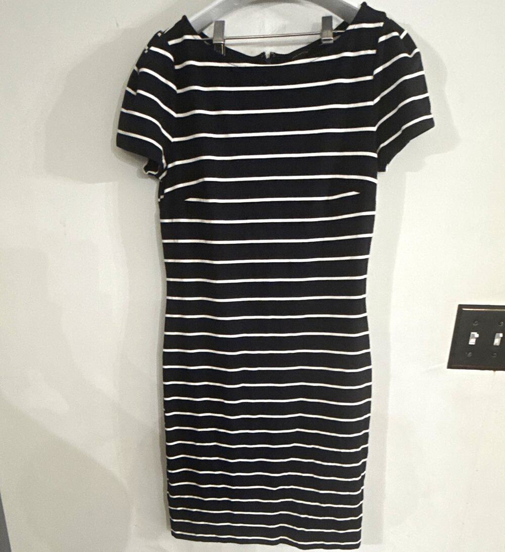 Ann Taylor Black/White Striped Knit Sheath Dress Boat Neck Zip Stretch Size 6